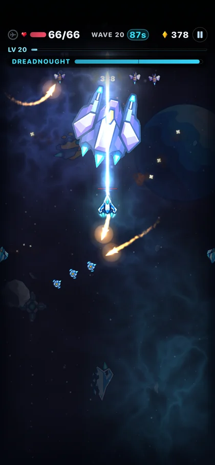 The player fights a large boss with an upgraded weapon build.