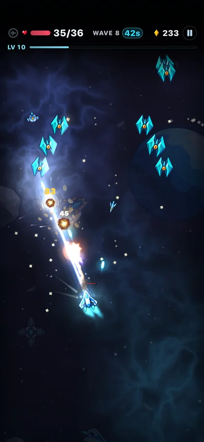 Vanguard dodges enemies and fires lightning during wave eight.