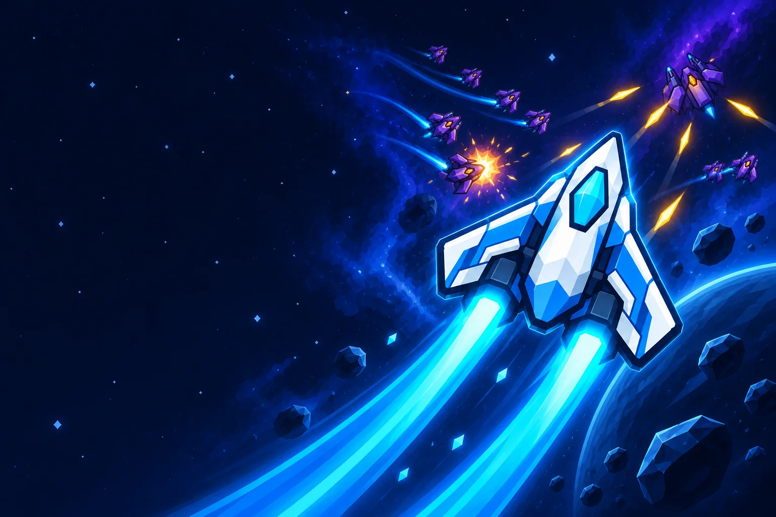The Vanguard races through a fleet of alien ships with bright cyan engines.