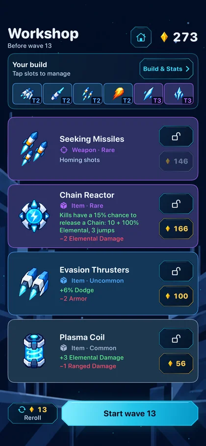 The Workshop shows weapons, items, and the current ship build.